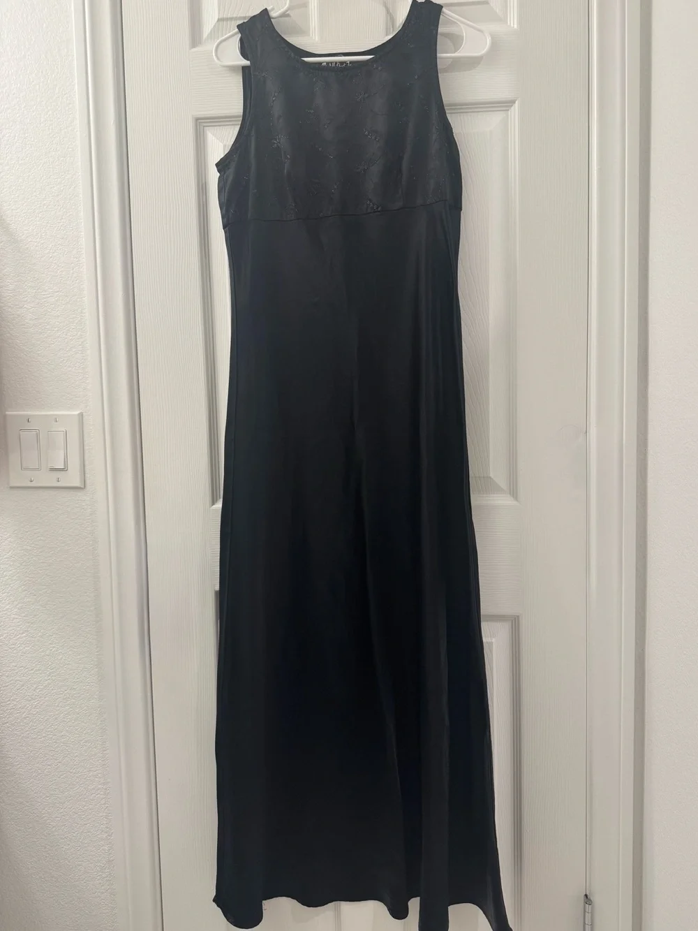 VTG 90s All That Jazz Black Liquid Satin Embroidered Bodice Maxi Dress S 11/12 - Picture 3 of 4
